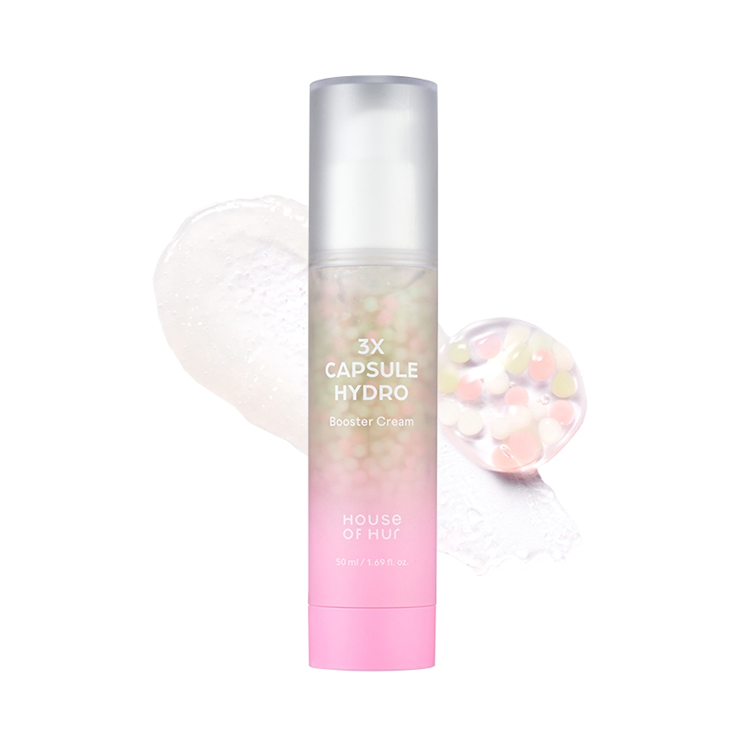 House of HUR 3X Capsule Hydro Booster Cream 50ml pump bottle front view with hydro capsules