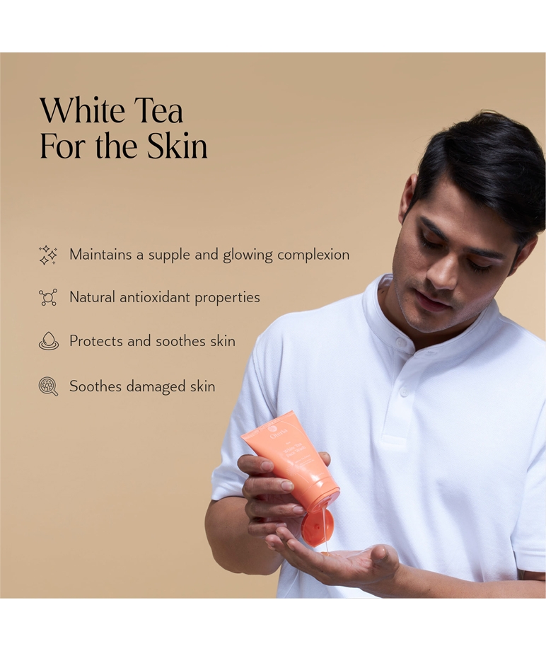 Oteria White Tea Face Wash dispensing gel cleanser into hand, skin benefits list