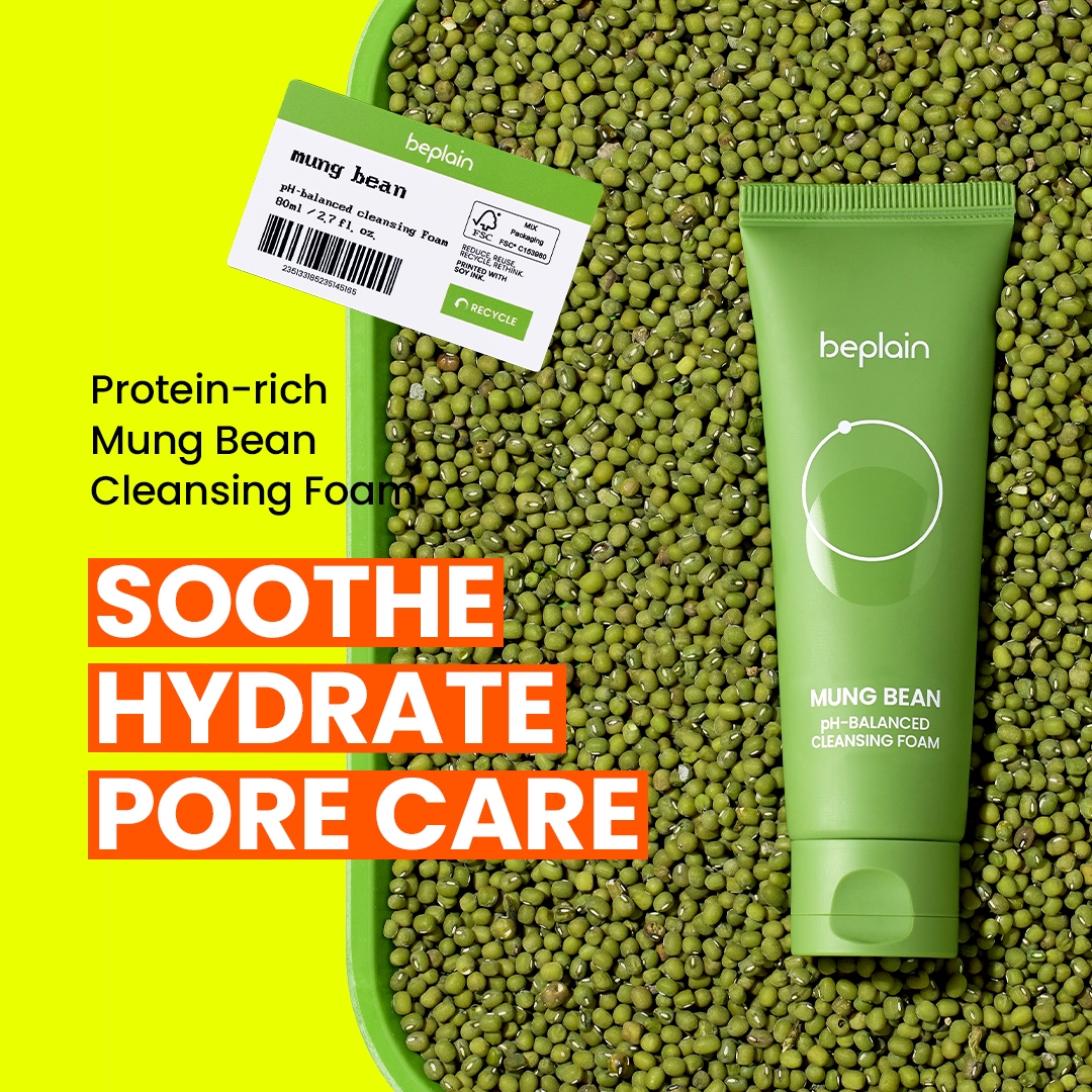 Beplain Mung Bean pH-Balanced Cleansing Foam tube and product label, protein-rich, soothe hydrate pore care