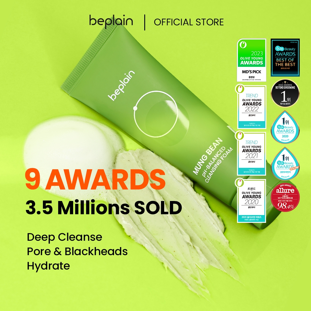Beplain Mung Bean pH-Balanced Cleansing Foam 80ml award badges, deep cleanse, pore and blackheads