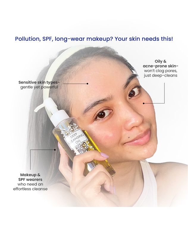 DHC Beauty Deep Cleansing Oil 70ml on model for oily, acne-prone and sensitive skin, makeup and SPF wearers