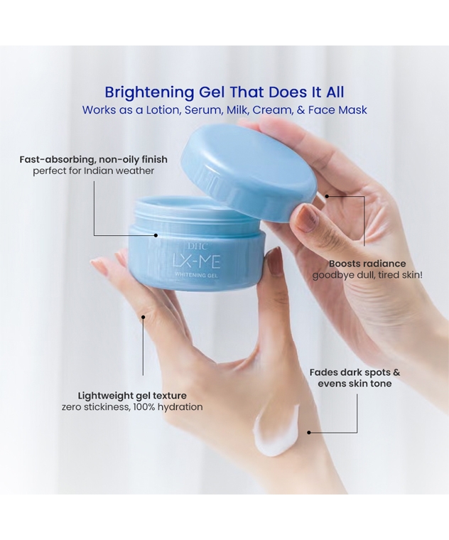 DHC LX-ME Brightening Gel open jar with gel on hand, 5-in-one lotion serum milk cream face mask