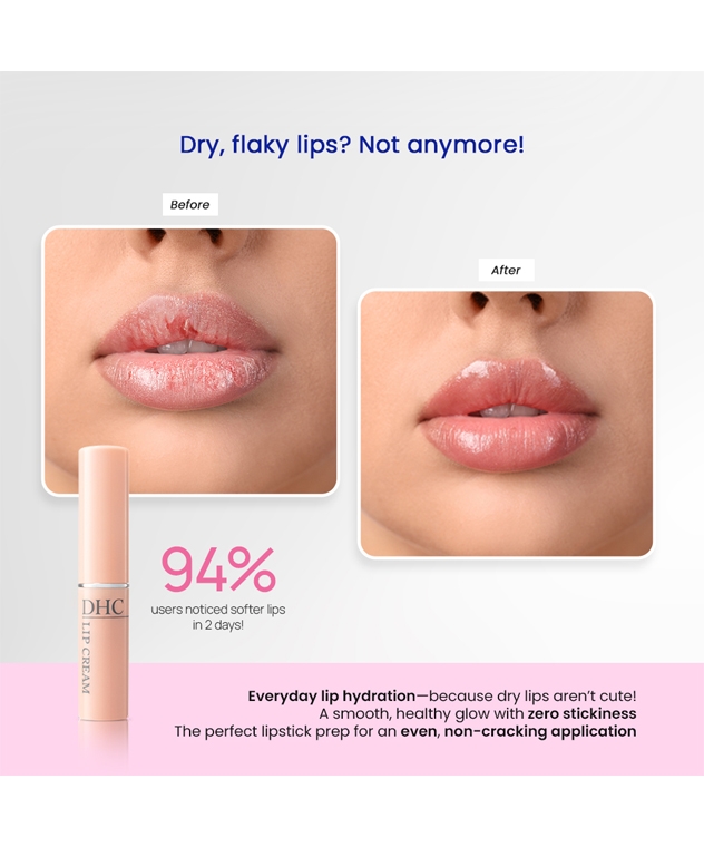 DHC Lip Cream lip balm before and after, dry flaky lips to softer lips