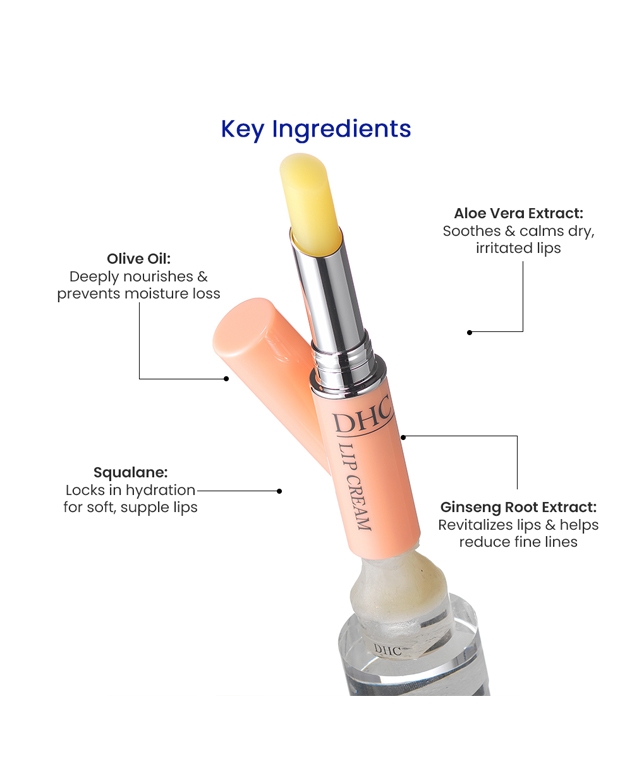 DHC Lip Cream key ingredients olive oil, squalane, aloe vera extract, ginseng root extract