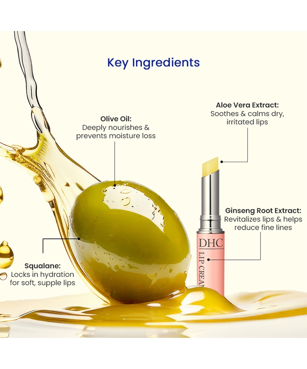 DHC Lip Cream key ingredients with olive oil, squalane, aloe vera and ginseng root extract benefits