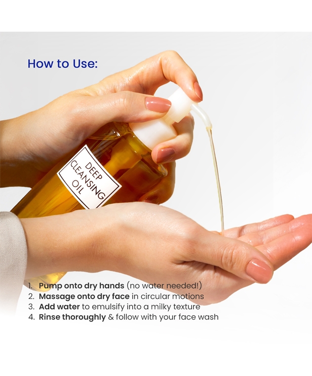 DHC Beauty Deep Cleansing Oil 120ml how to use, pump onto dry hands, massage, add water, rinse