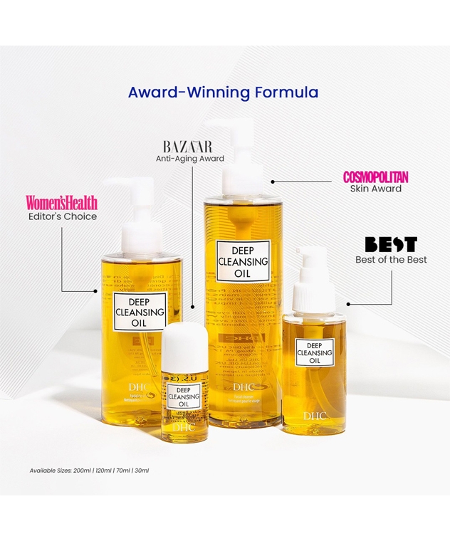 DHC Deep Cleansing Oil award-winning formula, available sizes 200ml 120ml 70ml 30ml