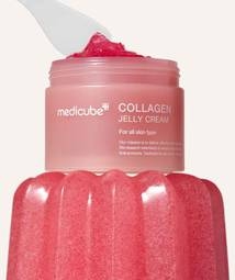 medicube Collagen Jelly Cream open jar with jelly cream smear and spatula