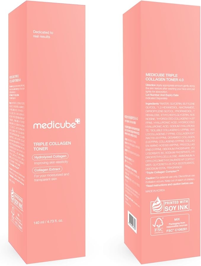 medicube Triple Collagen Toner 4.0 140ml box front and back label with ingredients