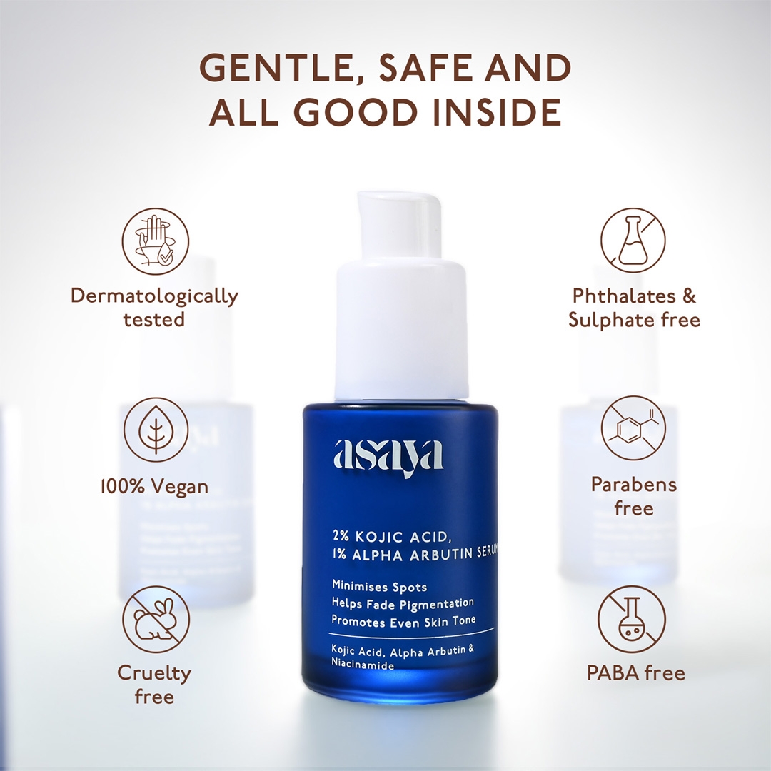 Asaya 2% Kojic Acid + 1% Alpha Arbutin Serum 30ml vegan, cruelty-free, paraben-free claims