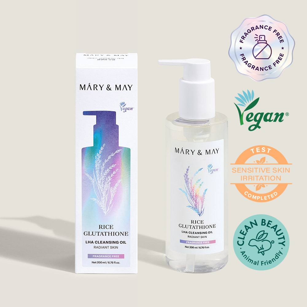 Mary&May Rice Glutathione LHA Cleansing Oil 200ml bottle and box, fragrance free vegan badges