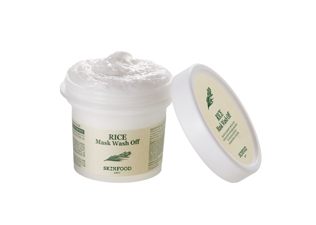 Skinfood Rice Mask Wash Off 210g open jar with lid, creamy rice mask texture