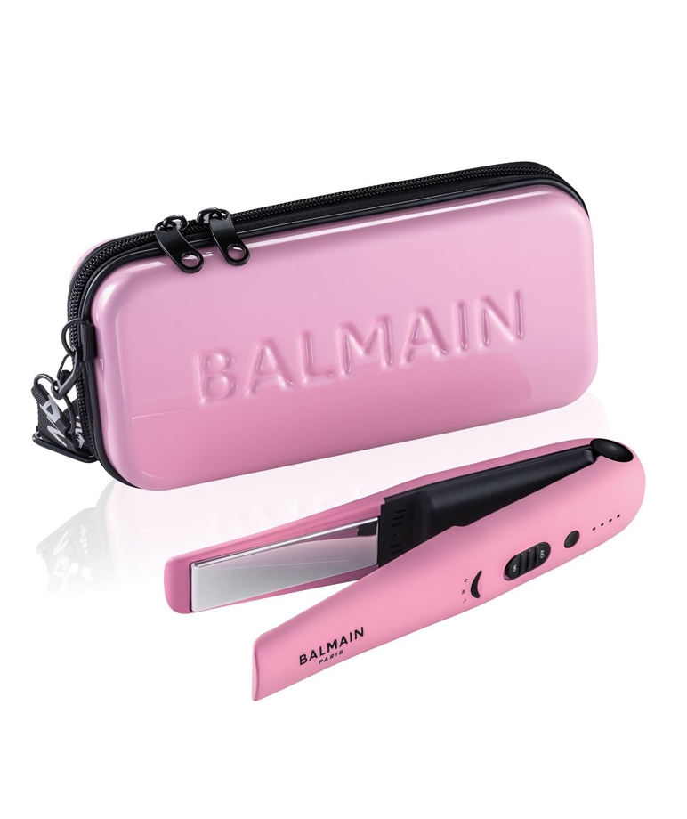 Balmain Paris Hair Couture Cordless Straightener Pink with embossed Balmain zip travel case set contents