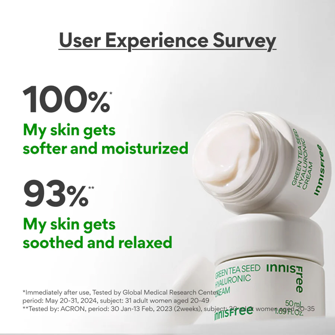 Innisfree Green Tea Seed Hyaluronic Cream 50ml jar user experience survey results