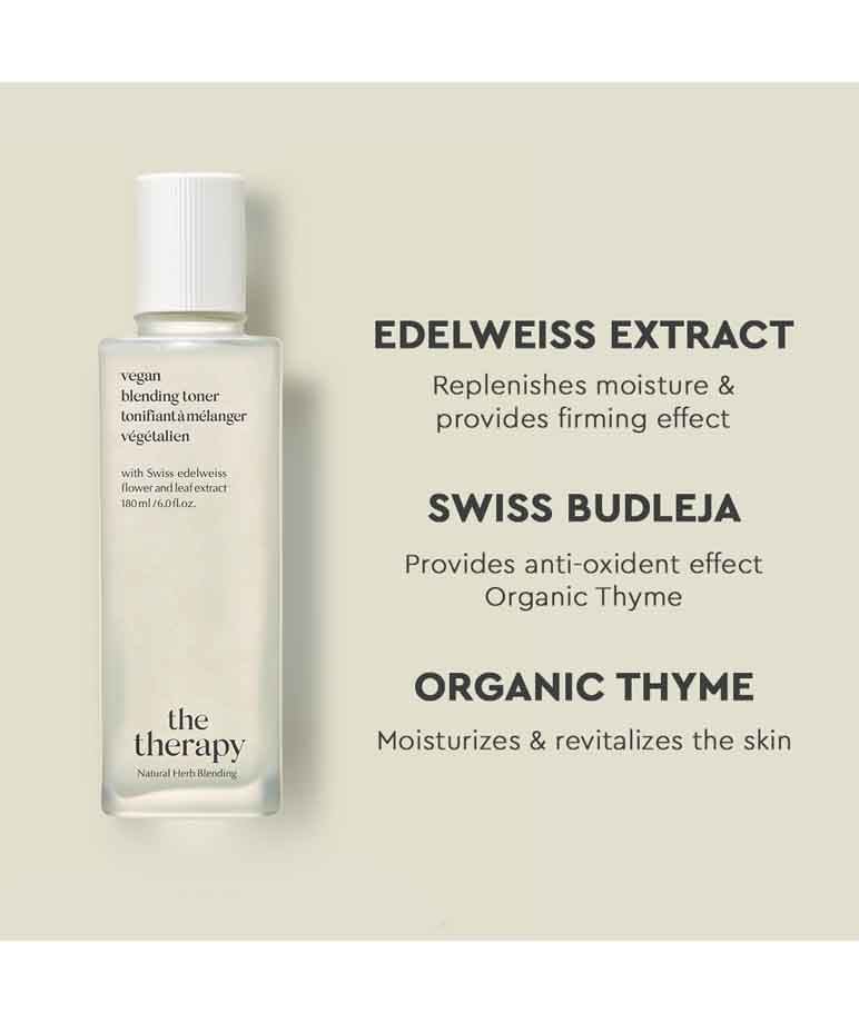 The Face Shop The Therapy Vegan Blending Toner 180ml key ingredients edelweiss extract, Swiss budleja, organic thyme