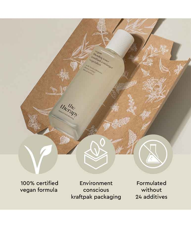 The Face Shop The Therapy Vegan Blending Toner 100% certified vegan, kraftpak packaging, 24 additives free