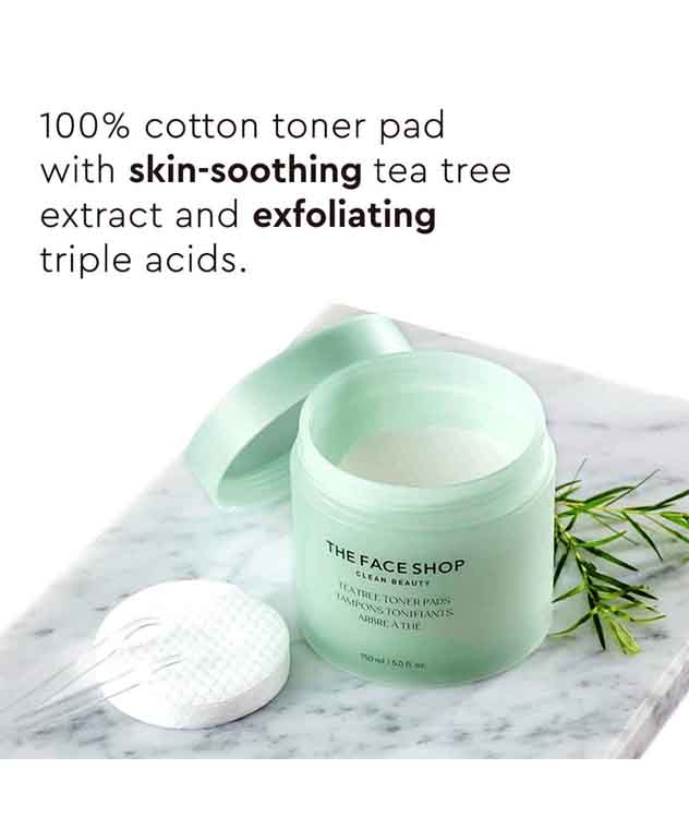 The Face Shop Tea Tree Toner Pads 150ml open jar with 100% cotton pad, tea tree and triple acids