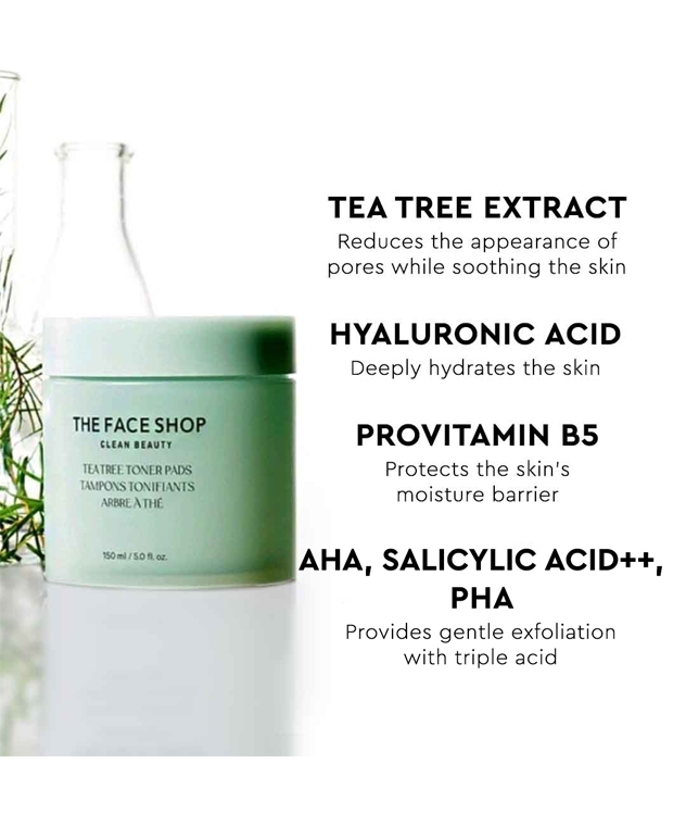 The Face Shop Tea Tree Toner Pads 150ml key ingredients tea tree extract, hyaluronic acid, provitamin B5