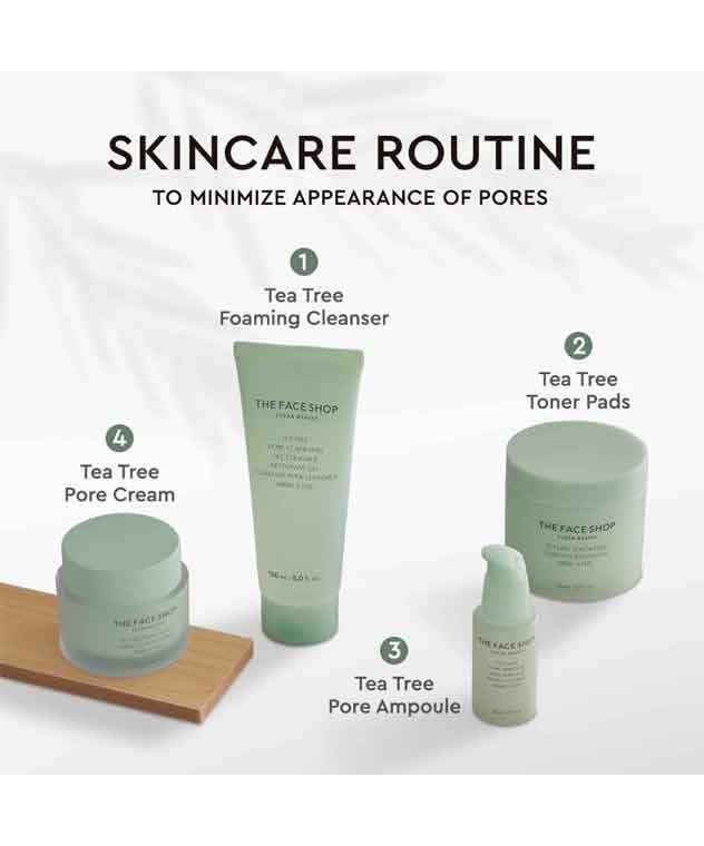 The Face Shop Tea Tree Toner Pads pore care routine with foaming cleanser, pore ampoule, pore cream