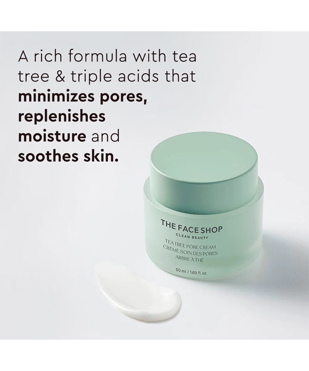 The Face Shop Tea Tree Pore Cream 50ml front with cream texture swatch