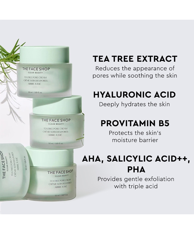 The Face Shop Tea Tree Pore Cream 50ml tea tree and triple acids pore-minimizing moisturizer claims