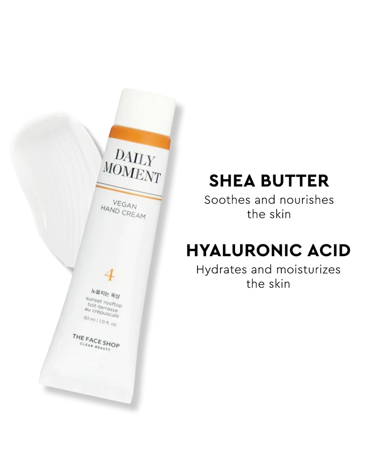 The Face Shop Daily Moment Vegan Hand Cream #4 Sunset Rooftop 30ml key benefits non-greasy fast absorbing