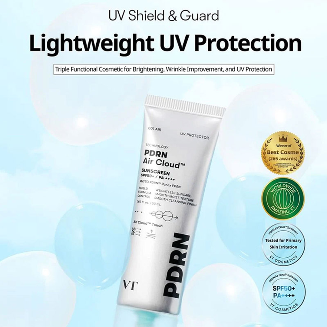 VT PDRN Air Cloud Sunscreen SPF50+ PA++++ 50ml lightweight UV protection banner with award and test badges