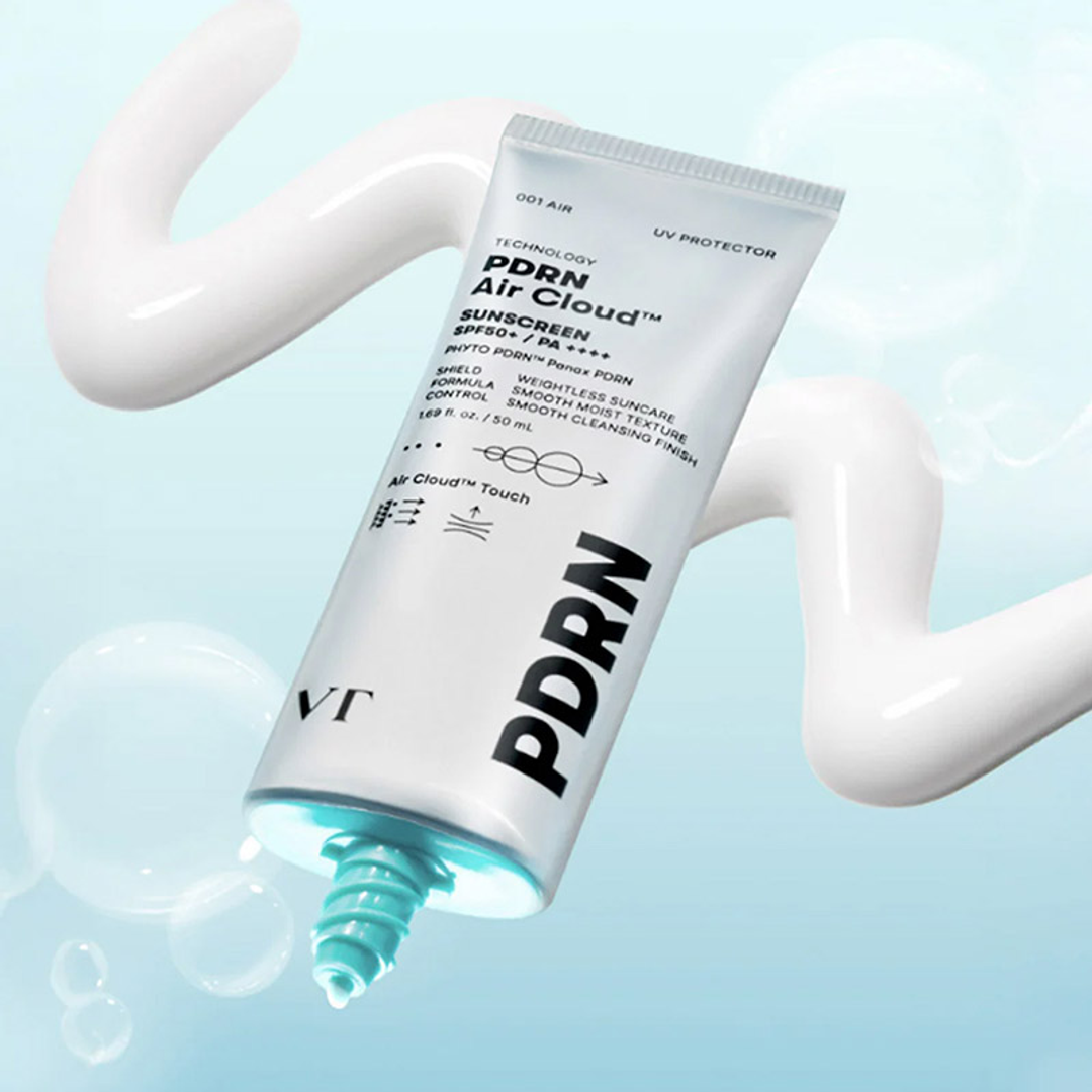 VT PDRN Air Cloud Sunscreen SPF50+ PA++++ 50ml white cream texture and tube nozzle