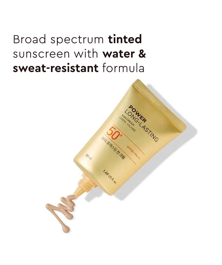 The Face Shop Power Long-Lasting Sun Cream SPF50+ PA+++ 50ml tinted sunscreen tube and texture, water and sweat-resistant