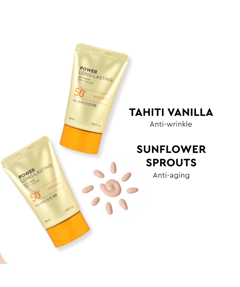 The Face Shop Power Long-Lasting Sun Cream SPF50+ PA+++ Tahiti vanilla and sunflower sprouts ingredients, two tubes