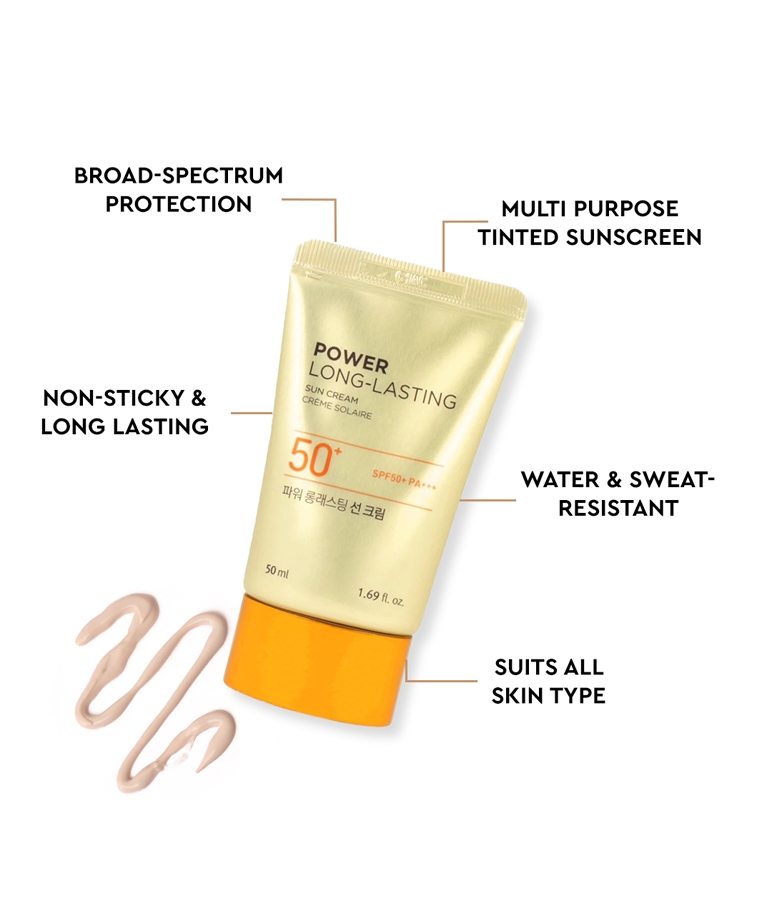 The Face Shop Power Long-Lasting Sun Cream SPF50+ PA+++ 50ml key features: non-sticky, water-resistant, all skin types