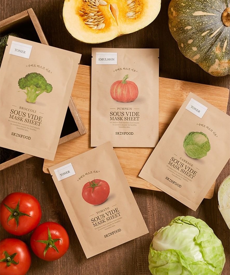 Skinfood Sous Vide Mask Sheet series Broccoli, Pumpkin, Tomato, Cabbage packets lineup