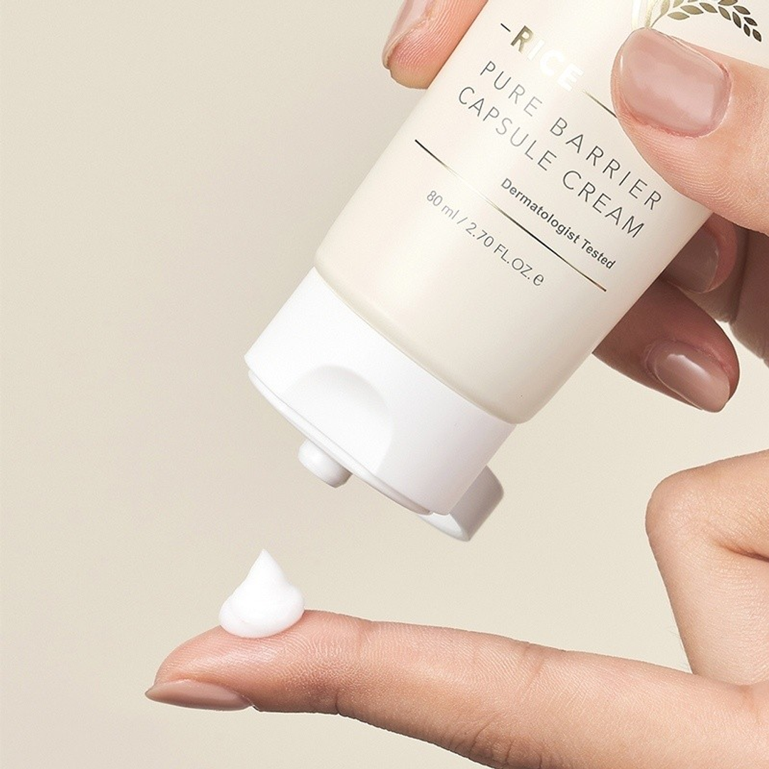 Thank You Farmer Rice Pure Barrier Capsule Cream 80ml tube dispensing cream on fingertip