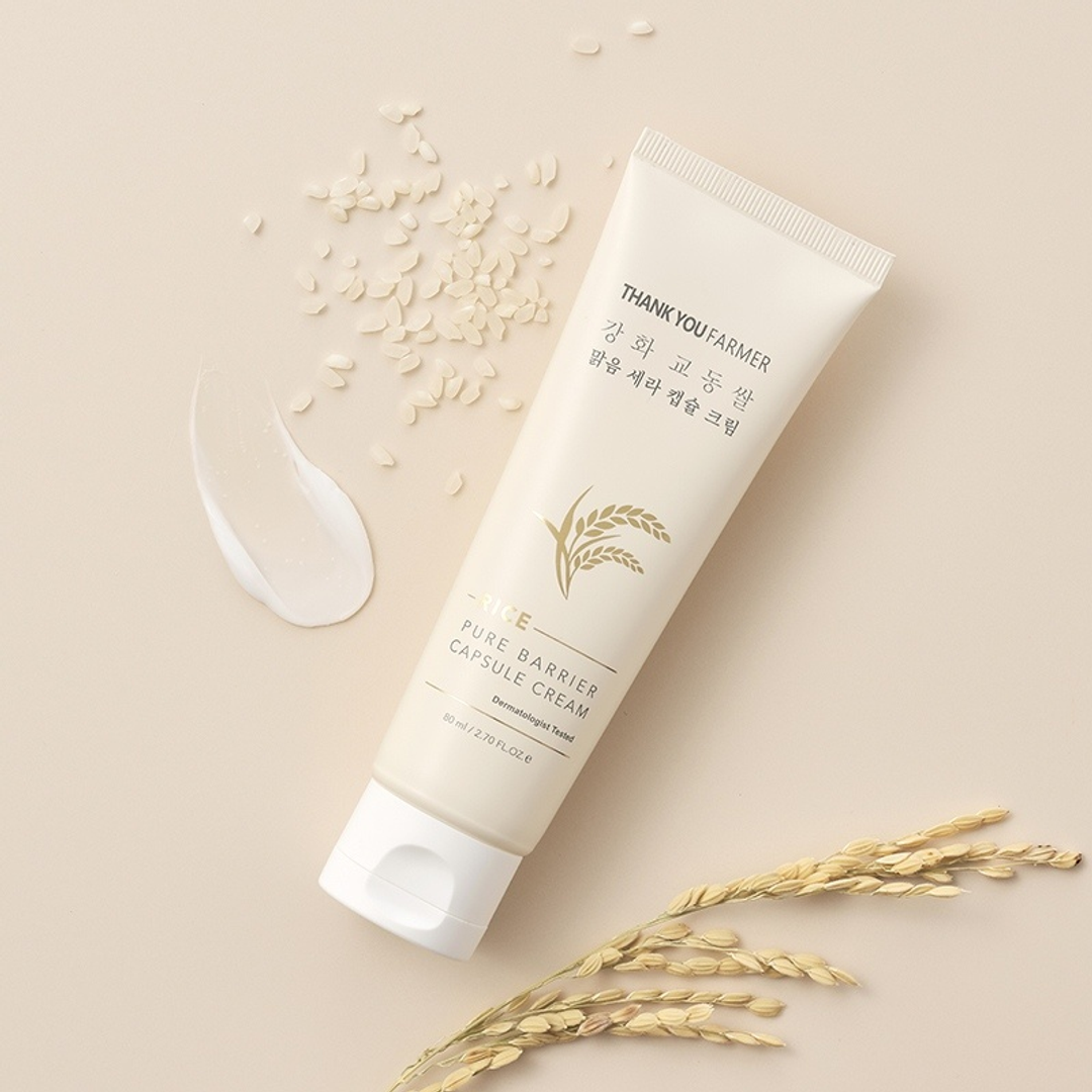 Thank You Farmer Rice Pure Barrier Capsule Cream 80ml tube front with cream swatch and rice grains