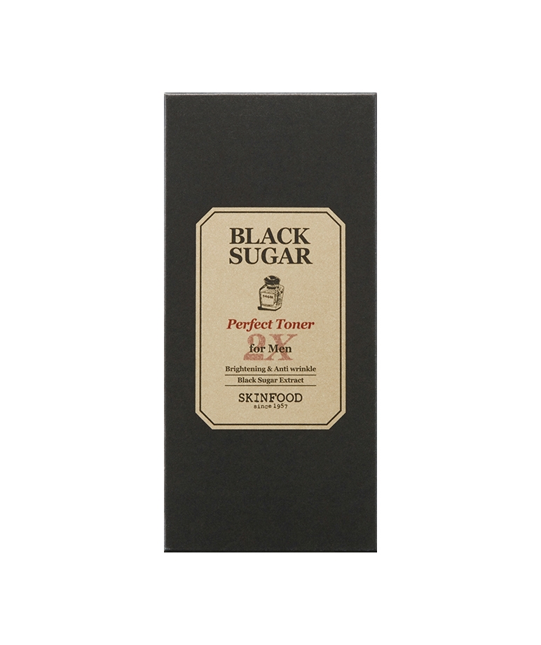Skinfood Black Sugar Perfect Toner 2X for Men carton front, brightening and anti-wrinkle