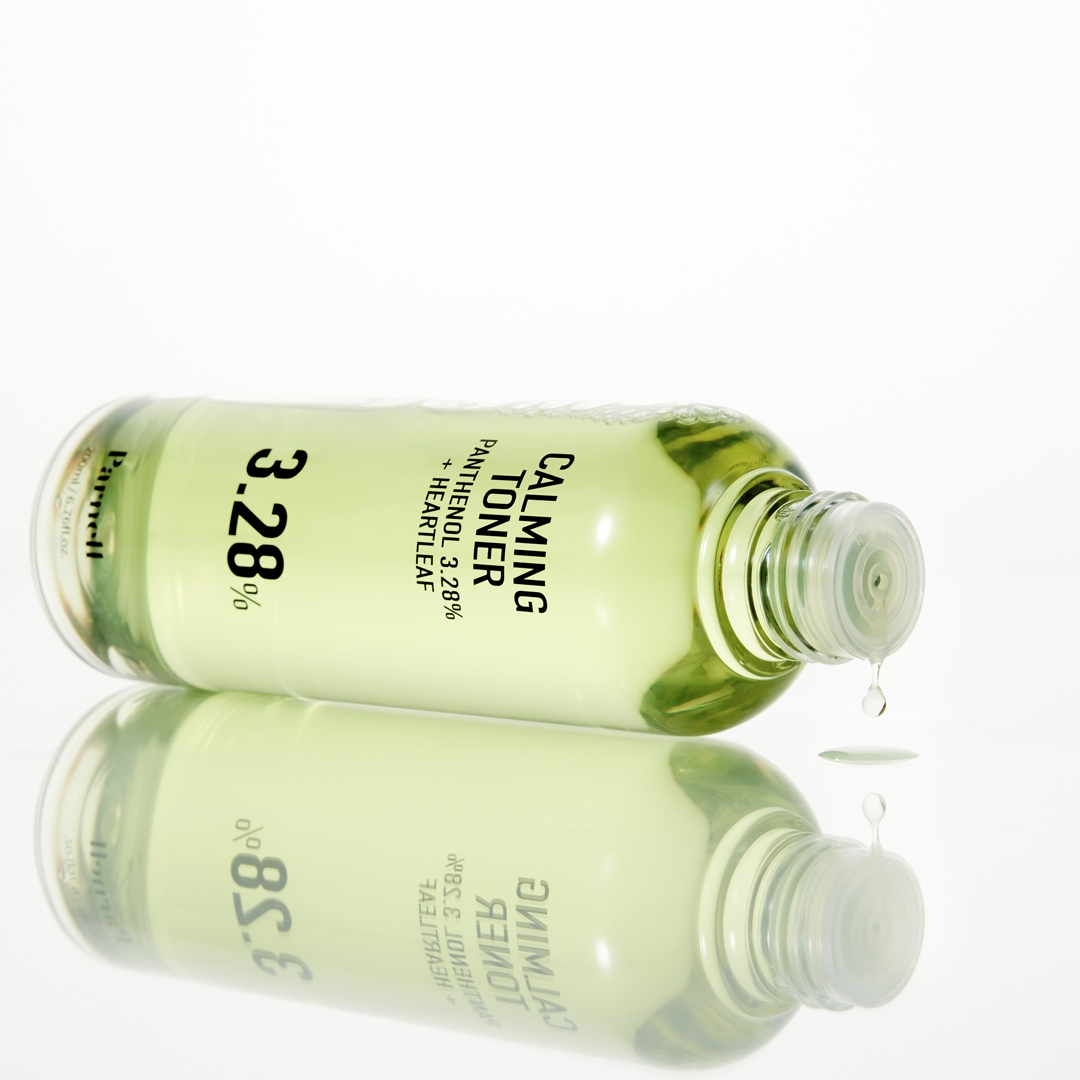 Parnell Calming Toner Panthenol 3.28% + Heartleaf bottle with dropper-style cap dispensing toner