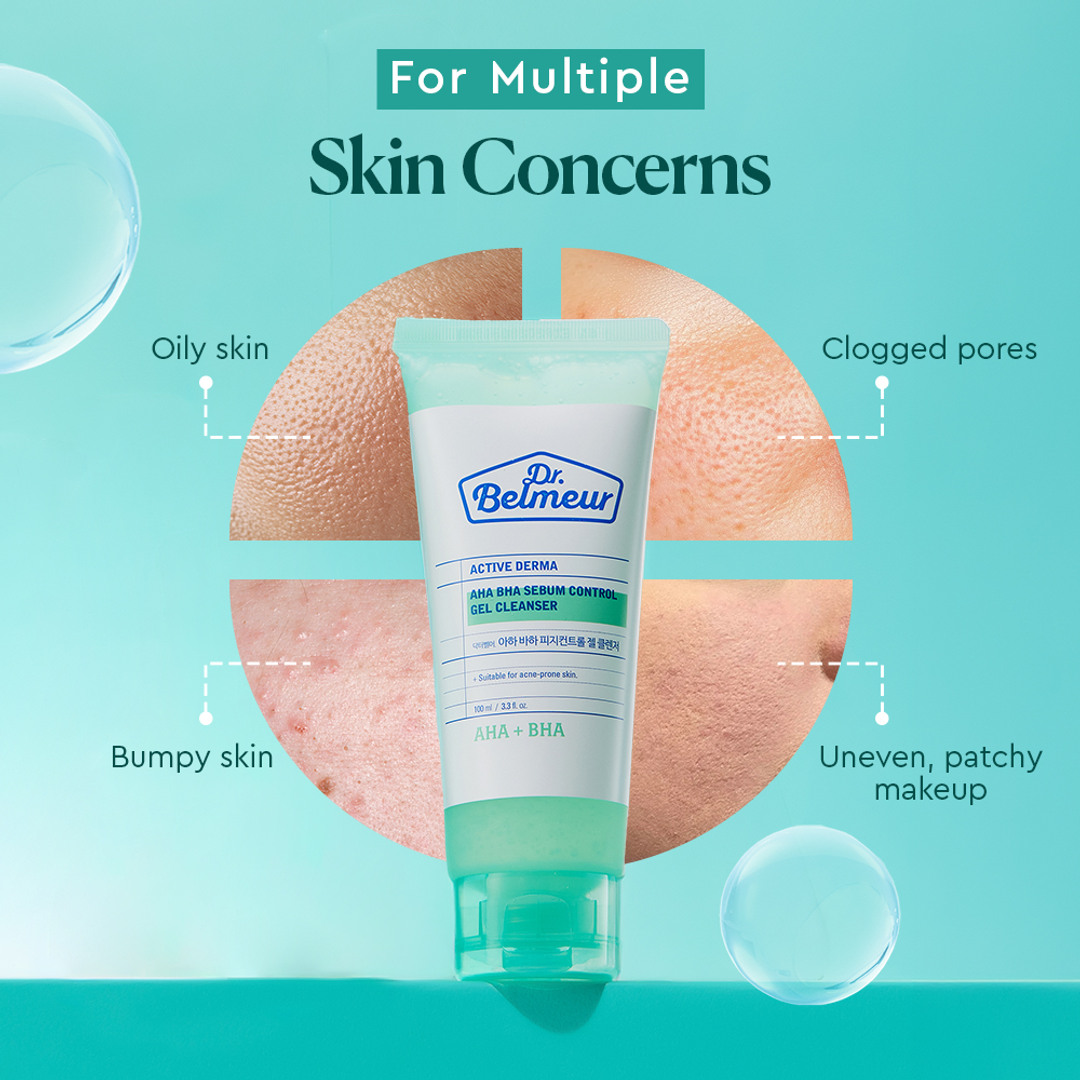 Dr. Belmeur AHA BHA Sebum Control Gel Cleanser for oily skin, clogged pores, bumpy skin, uneven makeup