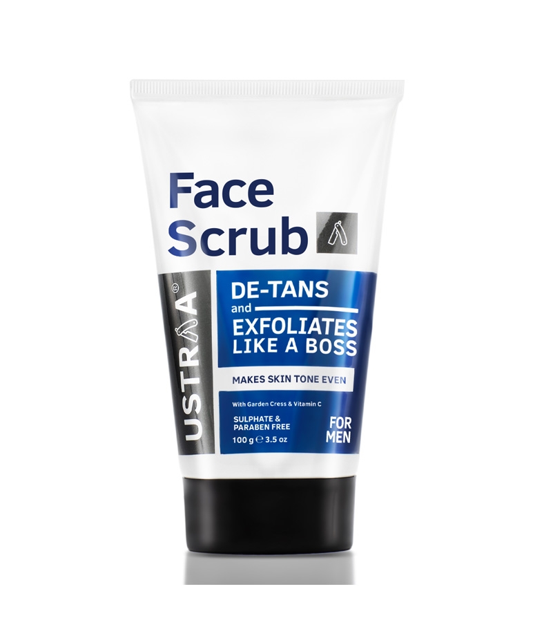 Ustraa De-tan Face Scrub 100g back label with ingredients and directions for use