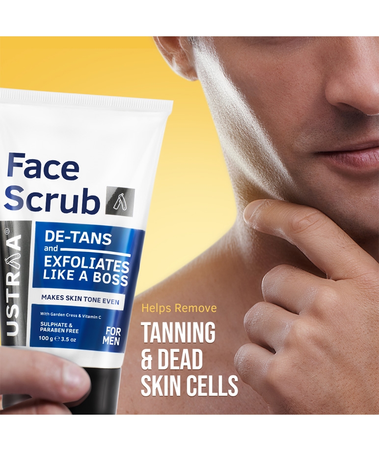 Ustraa De-tan Face Scrub 100g for men, sulphate and paraben free, front of tube