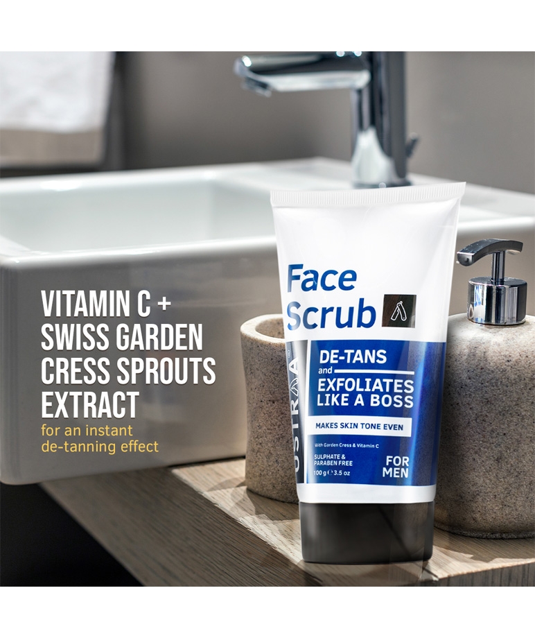 Ustraa De-tan Face Scrub 100g helps prevent acne by fighting excess oil