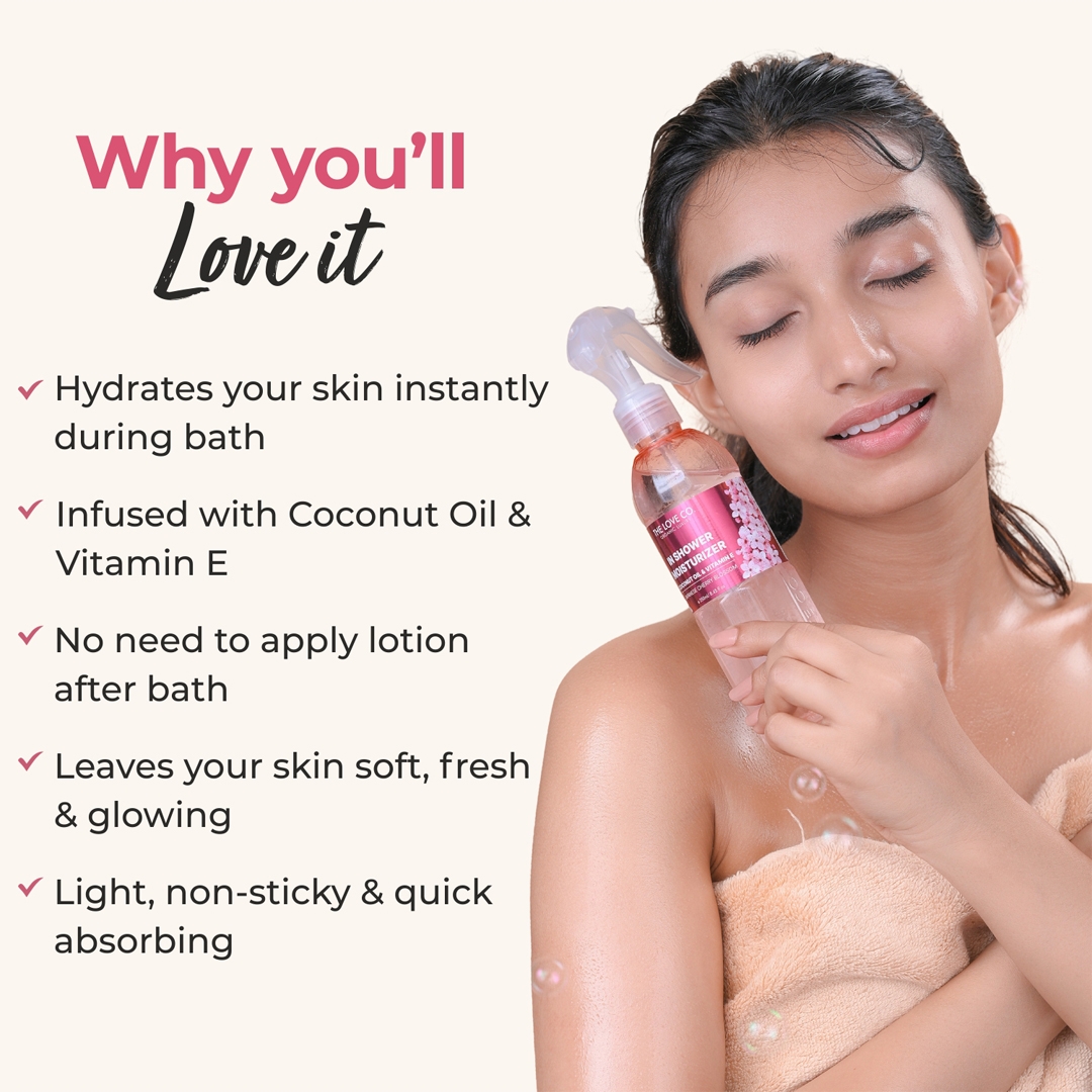 THE LOVE CO In Shower Moisturizer Japanese Cherry Blossom coconut oil vitamin E benefits on model