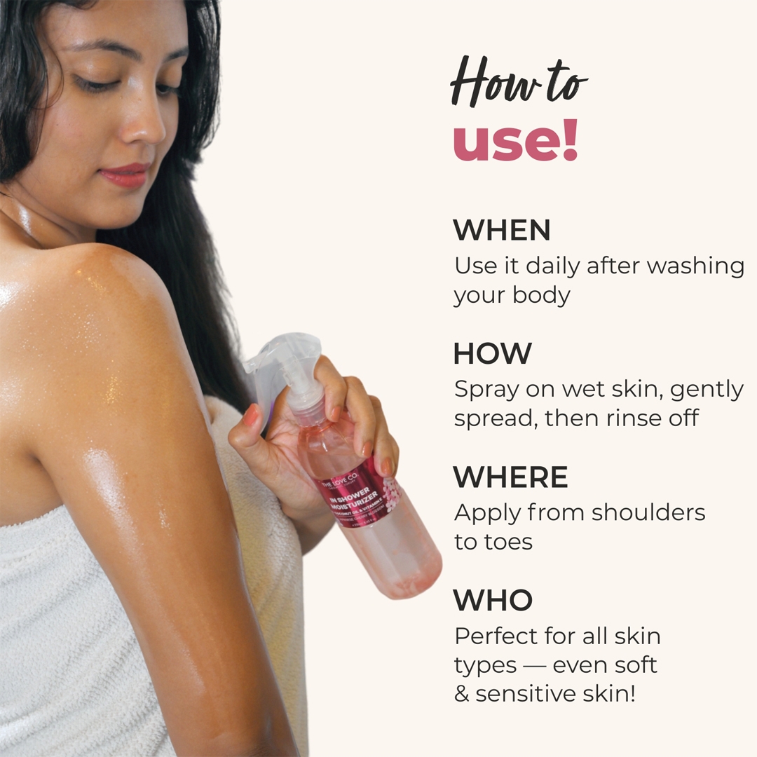 THE LOVE CO In Shower Moisturizer Japanese Cherry Blossom how to use spray on wet skin