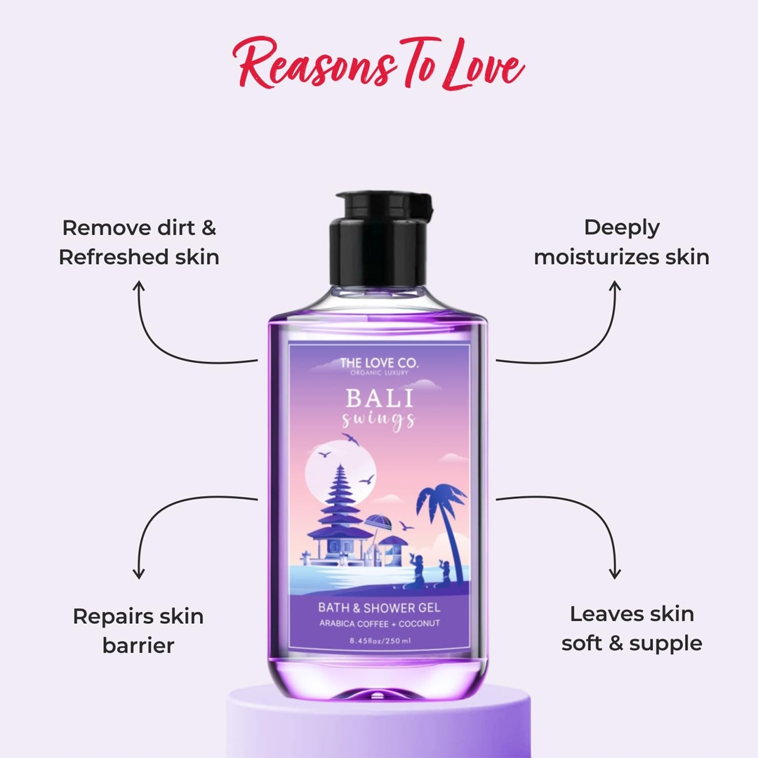 THE LOVE CO Bali Swings Bath & Shower Gel 250ml skin benefits: cleansing, moisturizing, soft skin