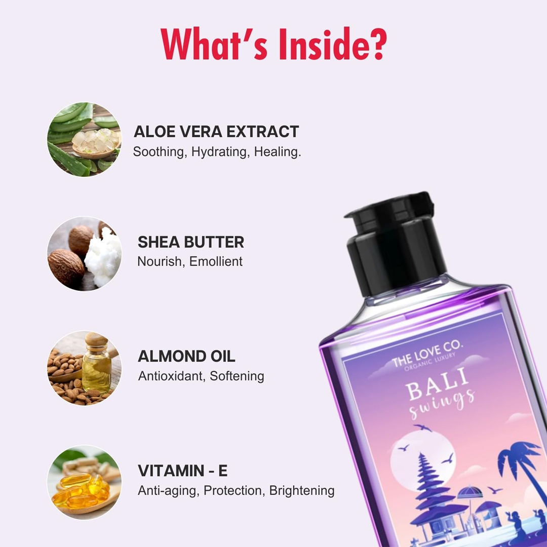 THE LOVE CO Bali Swings Bath & Shower Gel 250ml ingredients aloe vera, shea butter, almond oil, vitamin E