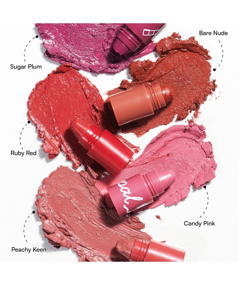 Gush Beauty Pen Pal Stackable Lipstick 5-shade creamy texture swatches Peachy Keen to Sugar Plum