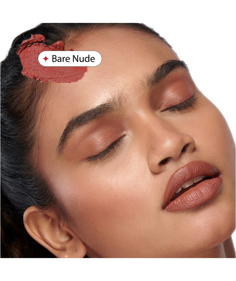 Gush Beauty Pen Pal Stackable Lipstick Bare Nude on lips, eyes and cheeks