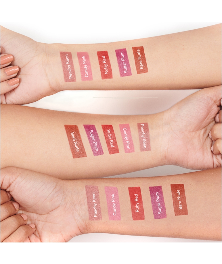 Gush Beauty Pen Pal Stackable Lipstick 5-shade arm swatches on three skin tones