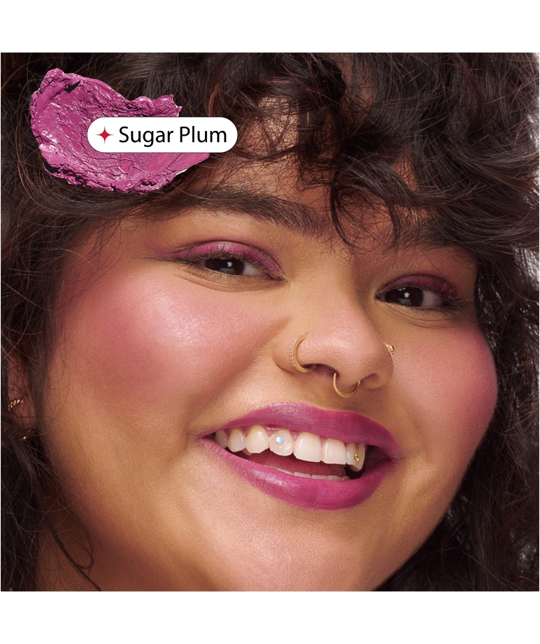 Gush Beauty Pen Pal Stackable Lipstick Sugar Plum on lips, eyes and cheeks