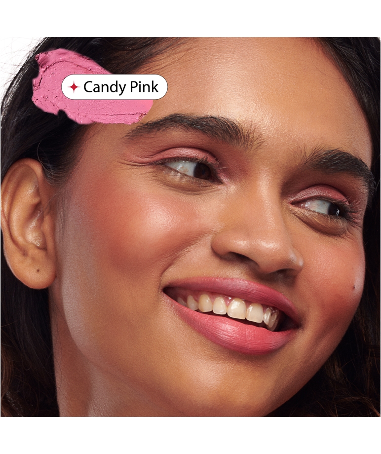 Gush Beauty Pen Pal Stackable Lipstick Candy Pink on lips, eyes and cheeks
