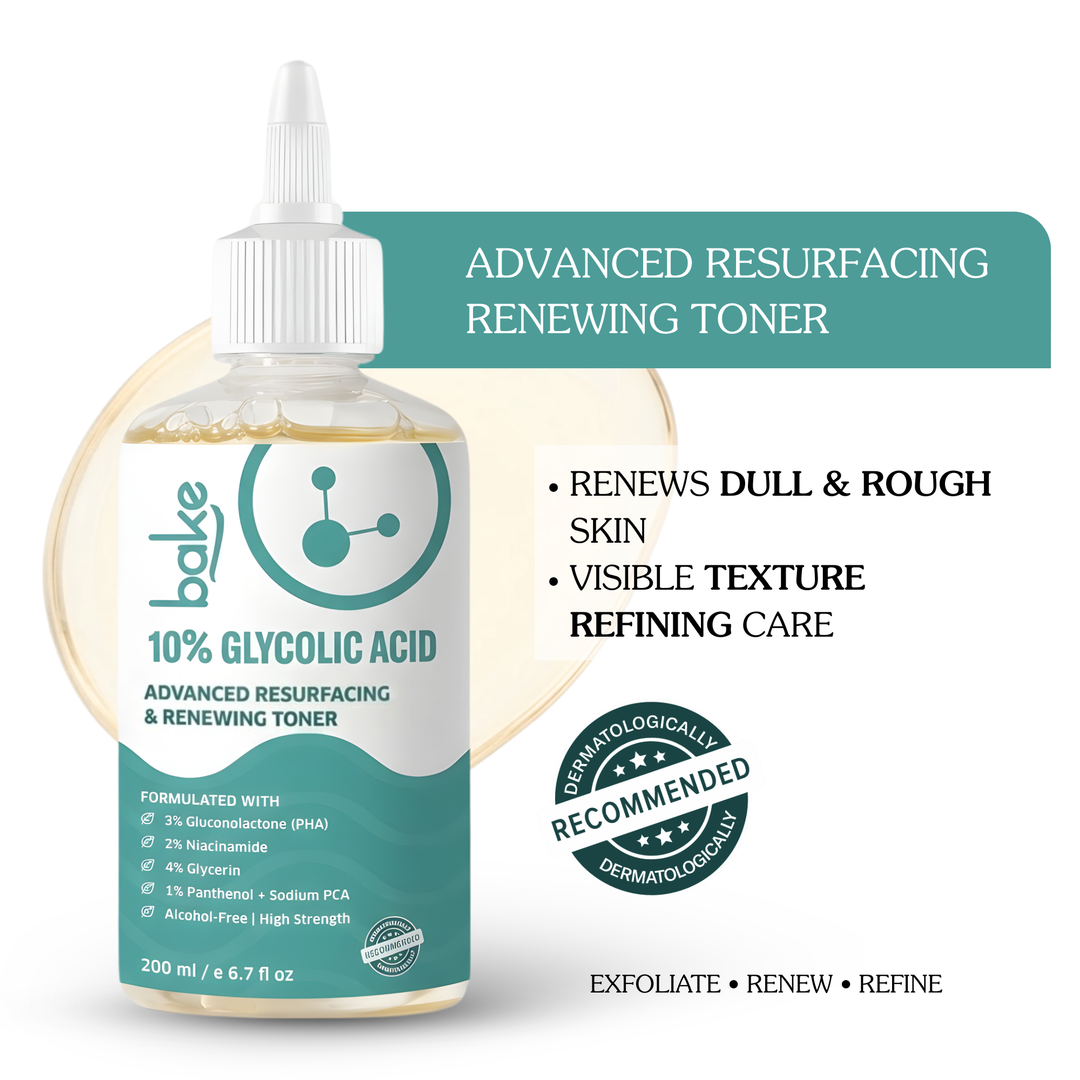 BAKE 10% Glycolic Acid Resurfacing & Renewing Toner 200ml front, renews dull rough skin, texture refining